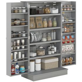 Gray Pantry Cabinet, 5-Tier Adjustable Storage for Kitchen, 12 Door Shelves, Double Doors, Gray