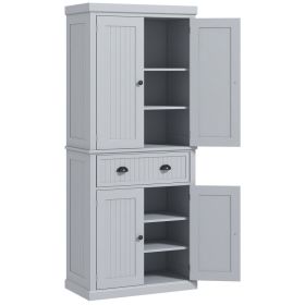 72" Traditional Kitchen Pantry Cabinet, Freestanding Tall Storage Cabinet with 4 Doors, Drawer and 3 Adjustable Shelves for Dining Room, Gray