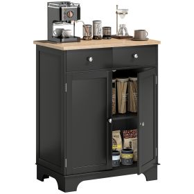 Kitchen Storage Cabinet, Sideboard Floor Cupboard with Solid Wood Top, Adjustable Shelf, and 2 Drawers, Black
