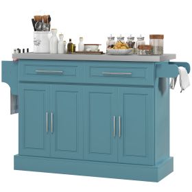 Rolling Kitchen Island with Stainless Steel Top, 2 Drawers, Spice, Knife and Towel Rack and Cabinets, Teal Blue