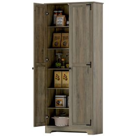 72" Farmhouse Pantry Cabinet, Freestanding Food Pantry Cabinet with Adjustable Shelves, Distressed Gray