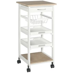 Mobile Kitchen Cart, Rolling Kitchen Island with Storage, Solid Wood Frame Utility Cart with Wire Fruit Baskets, Trays and Drawer, White