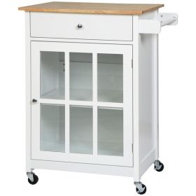 27" Rolling Kitchen Island Cart with Drawer and Glass Door Cabinet, Kitchen Trolley with Adjustable Shelf and Towel Rack, White