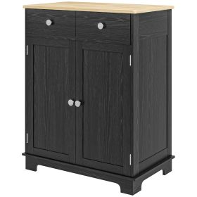 Kitchen Storage Cabinet, Sideboard Floor Cupboard with Solid Wood Top, Adjustable Shelf, and 2 Drawers, Distressed Black
