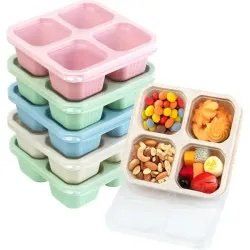 6 Pack Snack Boxes, 4 Compartment Lunch Boxes, Reusable Bento Boxes For Adults, Wheat Straw, Divided Food Containers With Lids