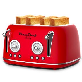 4 Slice Retro Toaster, Dual Control Toaster, 6 Settings, Bagel, Defrost, Removable Crumb Tray, Stainless Steel Housing, 1650W, Red