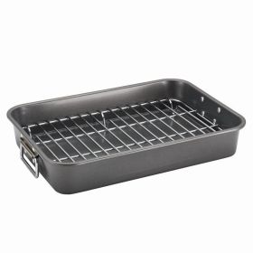 Bakeware 11x15 Inch Nonstick Roaster with Flat Rack, Dishwasher Safe and Oven Safe to 450°F, Gray