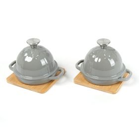 HAWOK Enameled Cast Iron Garlic Roaster with Bamboo Tray, 5-Inch, BBQ Grill Garlic Baker, Mini Cocotte, Set of 2, Grey