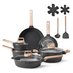 17 Piece Pots and Pans Set Nonstick, Granite Cookware Set, Induction Cookwares, Kitchen RV Cooking Sets with Frying, Sauce, Saute, Tempered Glass Lids
