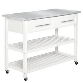 Kitchen Island with Stainless Steel Top, Traditional Kitchen Island with Storage, Butcher Block Cart 2-Tier Open Shelves, Drawers, White