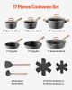17 Piece Pots and Pans Set Nonstick, Granite Cookware Set, Induction Cookwares, Kitchen RV Cooking Sets with Frying, Sauce, Saute, Tempered Glass Lids