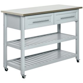 Kitchen Island with Stainless Steel Top, Traditional Kitchen Island with Storage, Butcher Block Cart 2-Tier Open Shelves, Drawers (Color: gray)