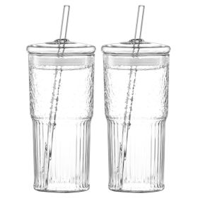 2-pack Glass Straw Cup With Vertical Pattern Cup And Lid, High Borosilicate Heat-resistant (Option: 20 Oz., Color: Clear)