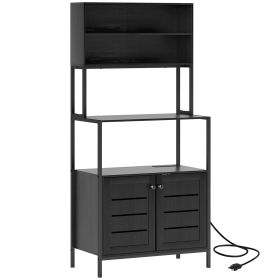 Baker's Rack with Power Outlet and Storage Shelves, Microwave Stand with Louvred Door Cabinets (Color: Black)