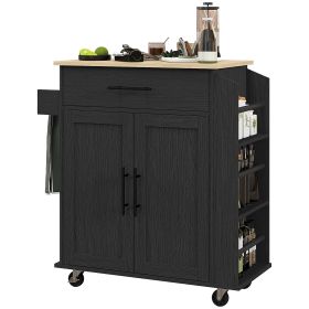 Rolling Island with Wheels for Kitchen, Kitchen Island on Rollers with Power Outlets, Drawer, and Doors (Color: Black)
