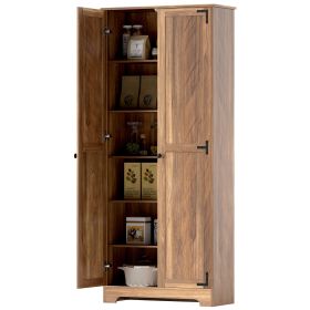 72" Farmhouse Pantry Cabinet, Freestanding Food Pantry Cabinet with Adjustable Shelves (Color: Brown)