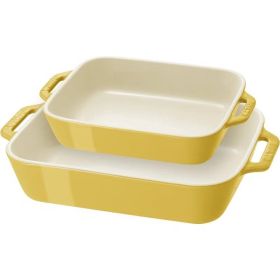 2 Piece Ceramic Stoneware Bakeware Casserole Baking Dish Set (Color: Yellow)