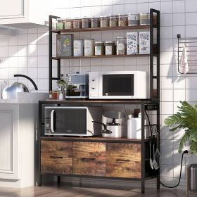 Black Metal Kitchen Baker's Rack with Shelves and Storage Cabinets (Color: Light Wood)