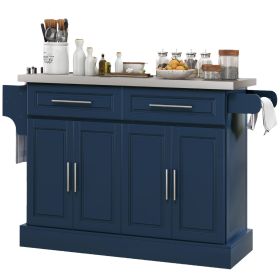 Rolling Kitchen Island with Stainless Steel Top, 2 Drawers, Spice, Knife and Towel Rack and Cabinets (Color: Navy Blue)