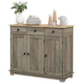 Kitchen Storage Cabinet, Sideboard Floor Cupboard with Solid Wood Top, Adjustable Shelf, and 3 Drawers (Color: Distressed Gray)
