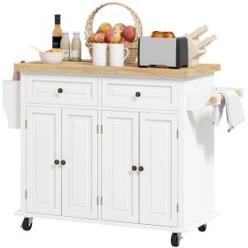 Kitchen Island on Wheels, Rolling Cart with Rubberwood Top, Spice Rack, Towel Rack and Drawers (Color: White)
