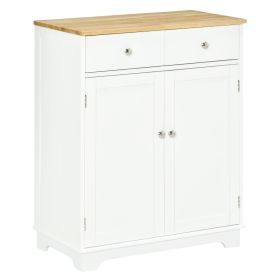 Kitchen Storage Cabinet, Sideboard Floor Cupboard with Solid Wood Top, Adjustable Shelf, and 2 Drawers (Color: White)