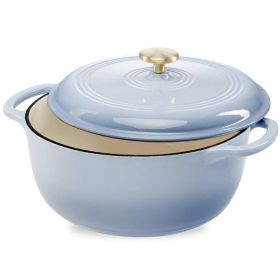 6 Quart Large Enamel Cast-Iron Dutch Oven Kitchen Cookware (Color: Light Blue)