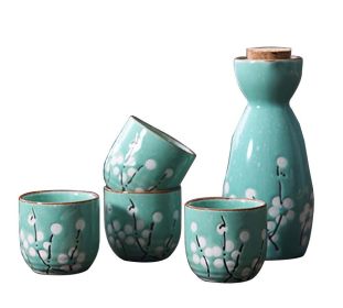 Ceramic Japanese Sake Set Traditional 1 Tokkuri Bottle & 4 Ochoko Cups (Option: 5 Piece, Color: Blue)